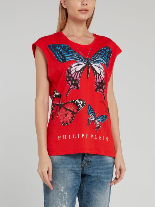 Красная футболка с рукавами "крылышко", изображением бабочек и стразами
