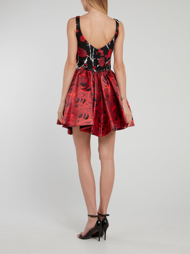 Black Rose Print Pleated Mini Dress