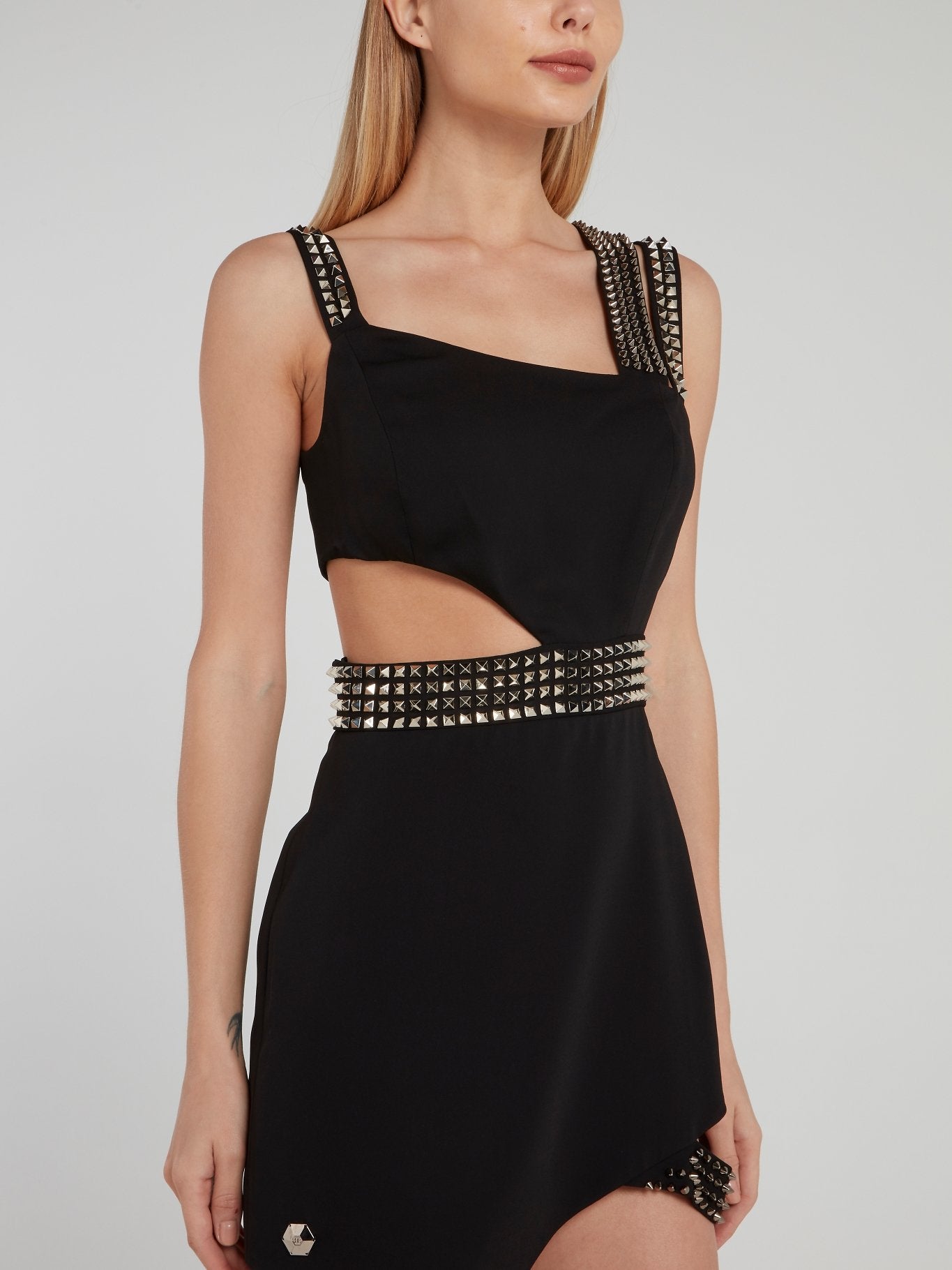 Black Studded Asymmetric Mini Dress
