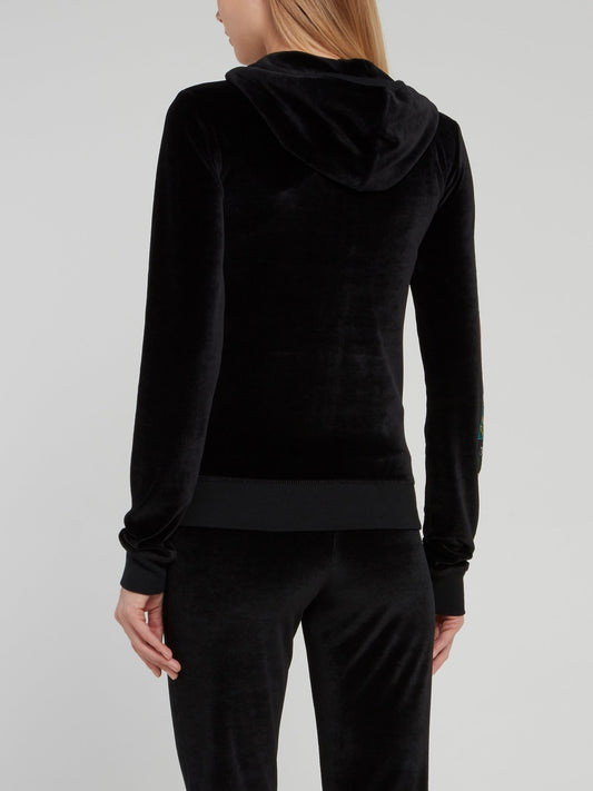 Black Velvet Embellished Hooded Sweatshirt