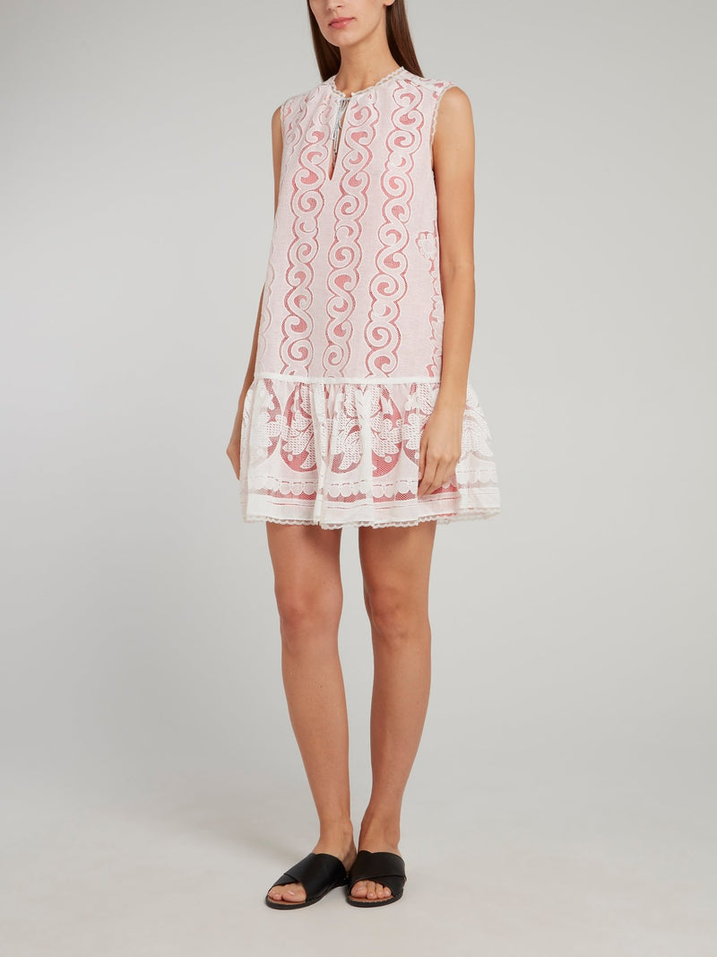 White Lace Overlay Frill Hem Mini Dress