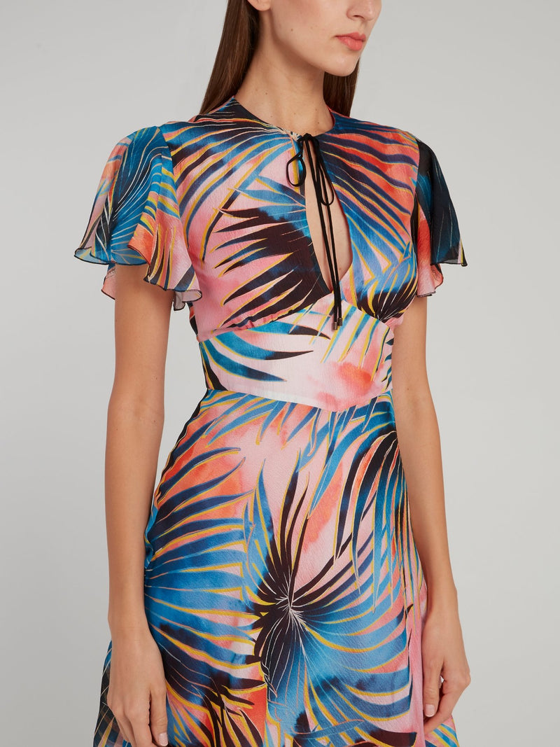 Платье-мини с вырезом "замочная скважина" и тропическим принтом
