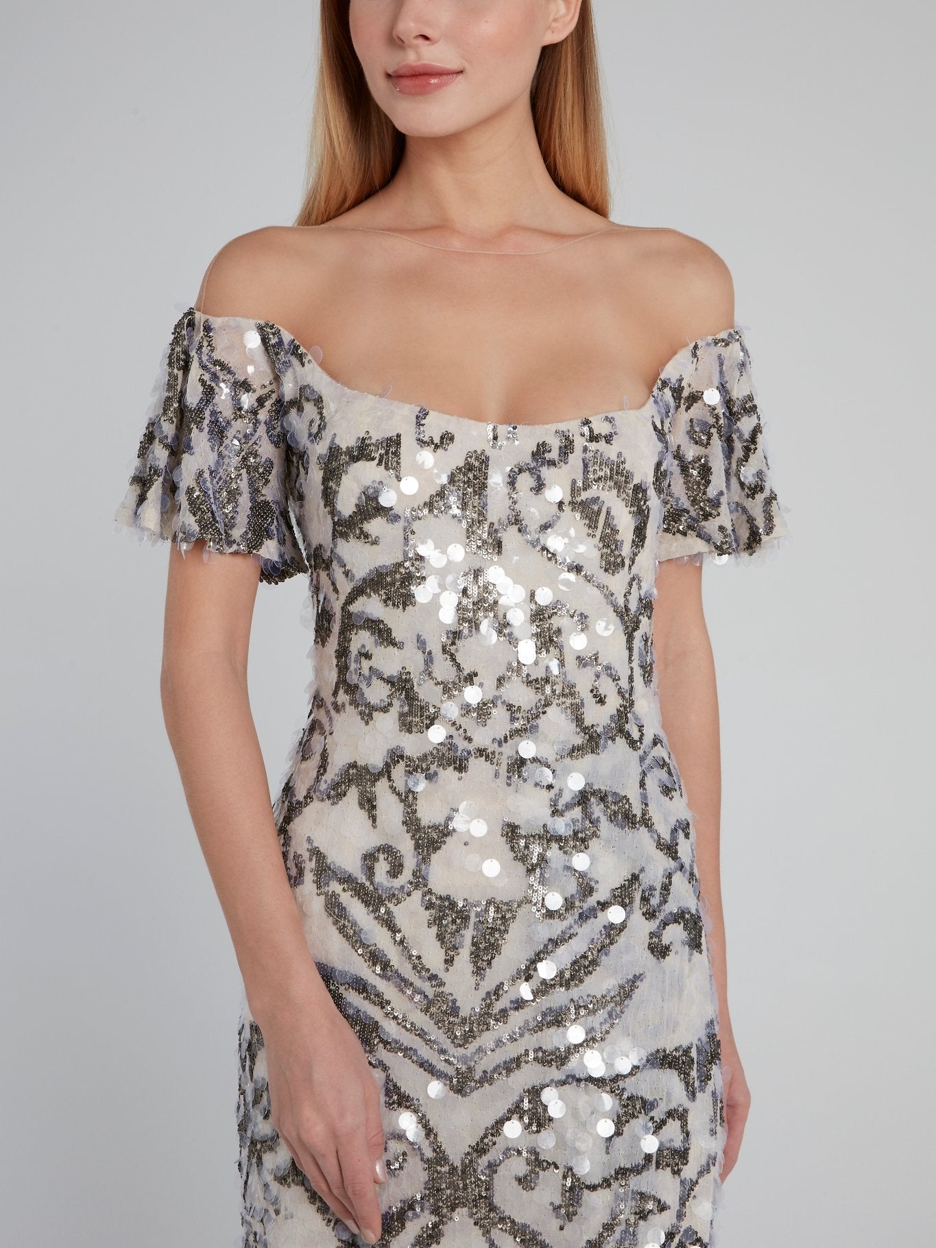 Fully Embellished Off-The-Shoulder Maxi Dress