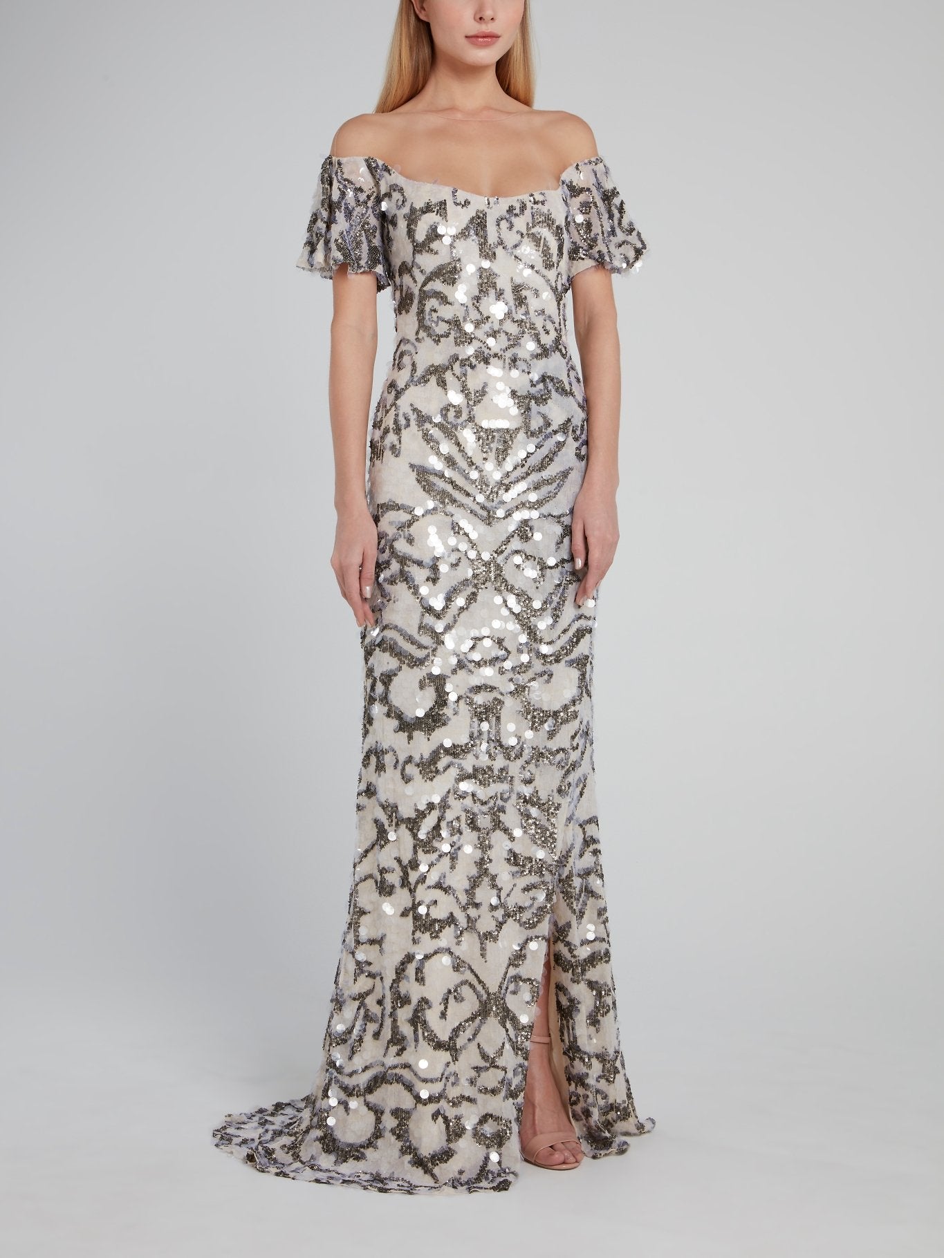 embellished off shoulder dress Gemy Fully Embellished Off-The-Shoulder Maxi Dress 46 / Beige