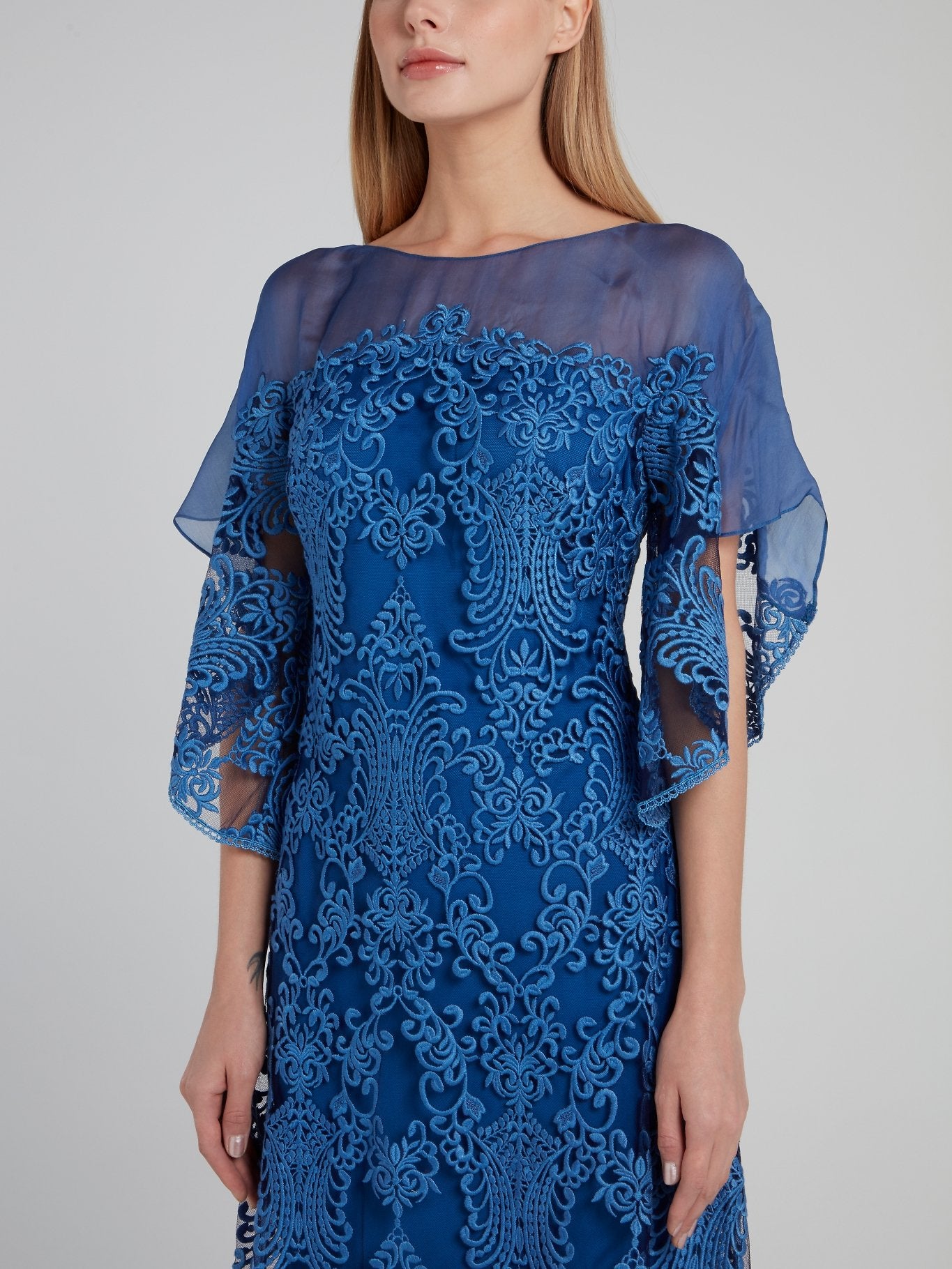 Gemy Blue Embroidered Mesh Panel Midi Dress 48 / Blue Gemy Blue Embroidered Mesh Panel Midi Dress 48 / Blue