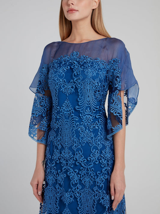 Blue Embroidered Mesh Panel Midi Dress