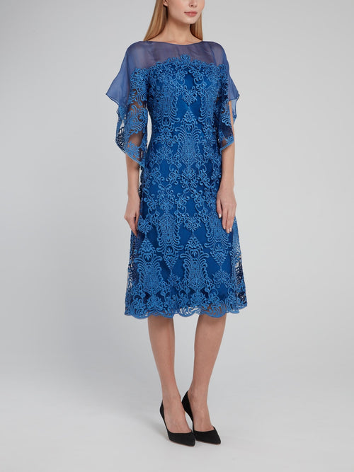 Синее платье-миди с вышивкой и прозрачной вставкой