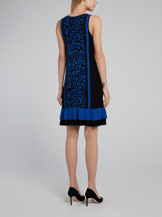 Blue Leopard Print Frill Mini Dress