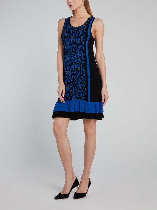 Blue Leopard Print Frill Mini Dress