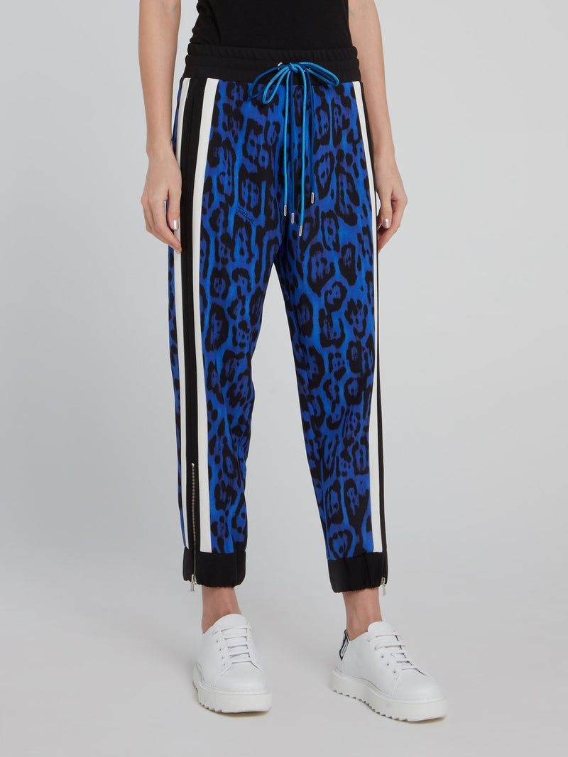 Blue Leopard Effect Side Stripe Cropped Pants
