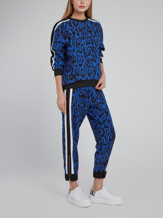 Синие укороченные брюки с леопардовым принтом и лампасами