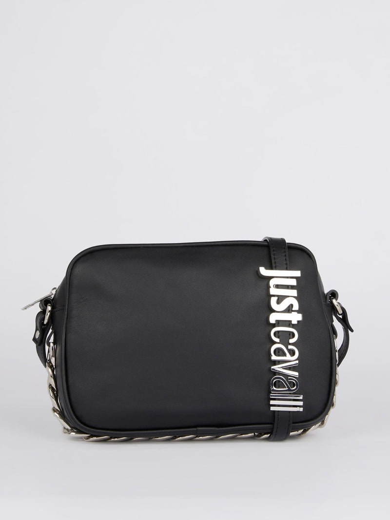 Black Chain Embellished Leather Shoulder Bag