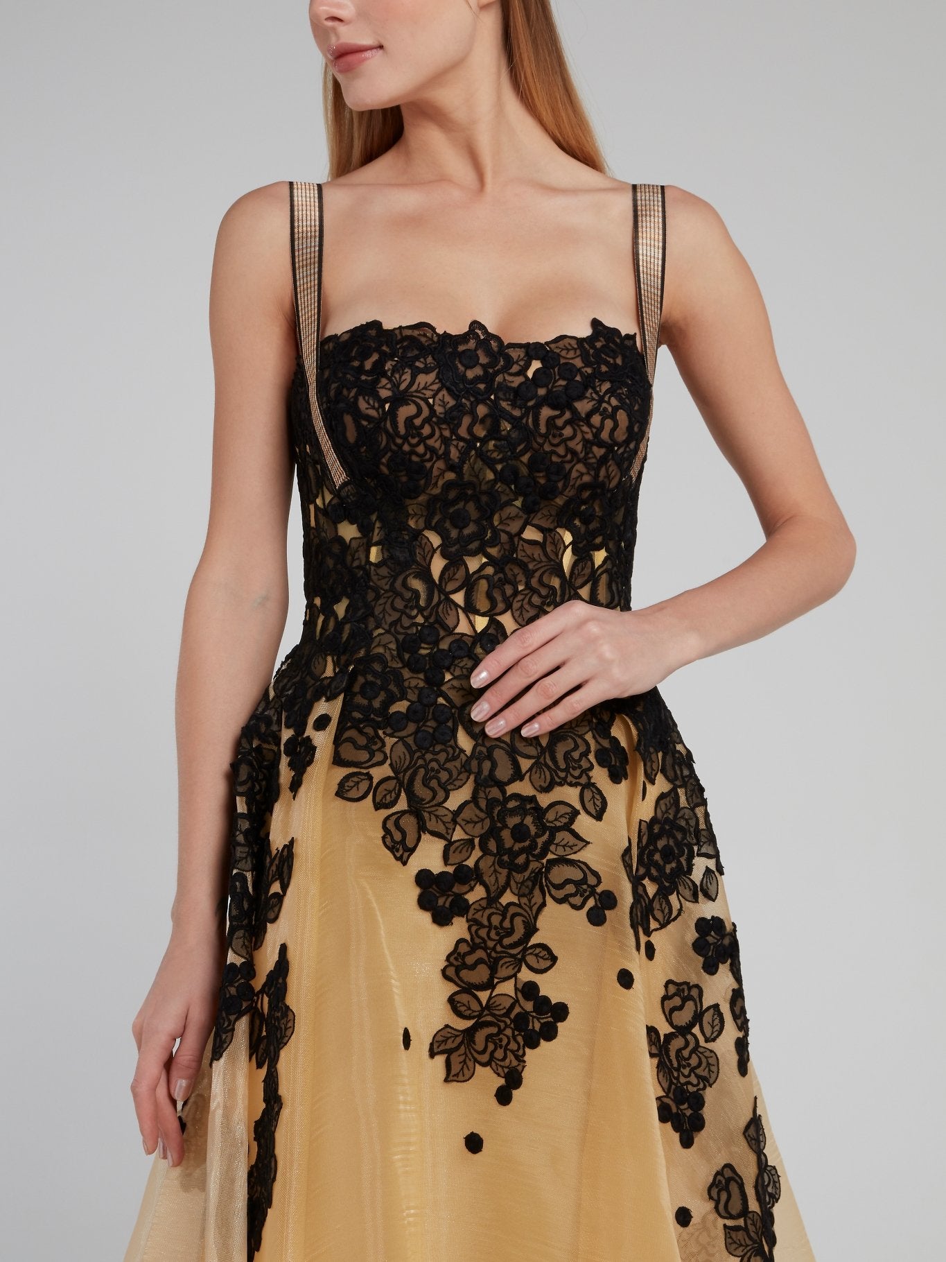 Lace Floral Detail Tulle Maxi Dress