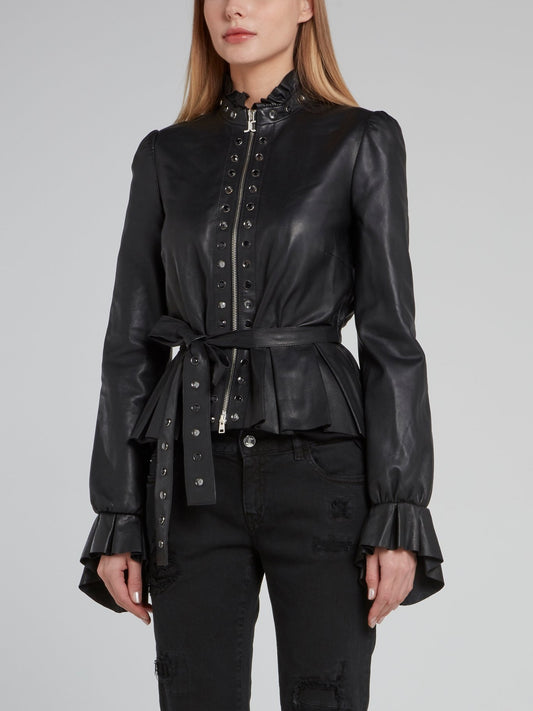 Black Tie Front Frill Leather Jacket