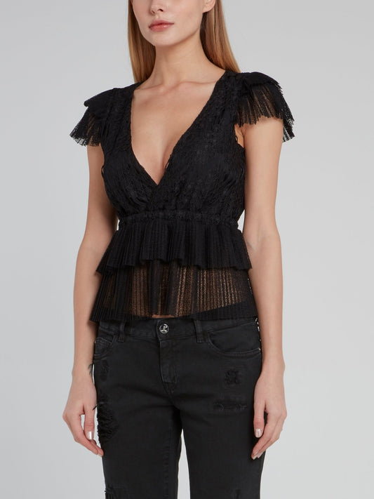 Black Surplice Ruffle Tulle Top