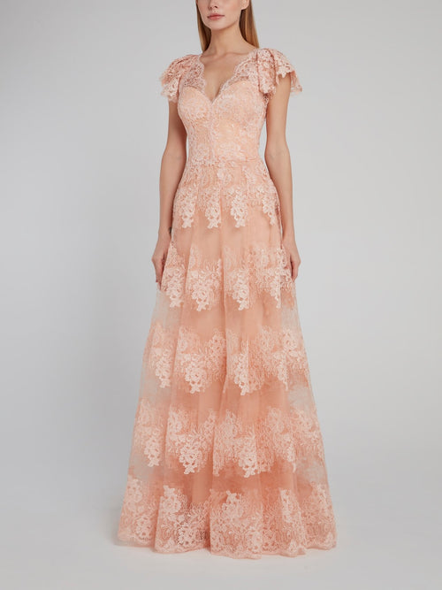 Gemy Beige Floral Pleated Lace Maxi Dress 40 / Beige Gemy Beige Floral Pleated Lace Maxi Dress 40 / Beige