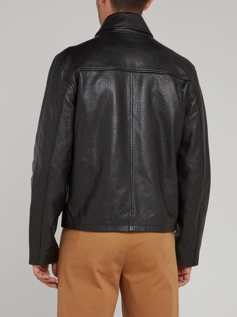 Black Zip Up Textured Leather Jacket