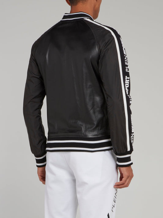Black Logo Stripe Edge Leather Jacket