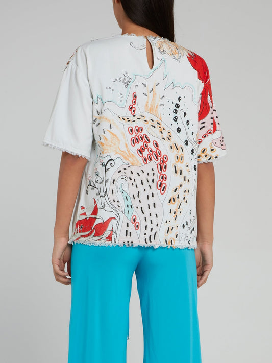 Блузка с вырезом "замочная скважина" на спине, бахромой и цветочным принтом