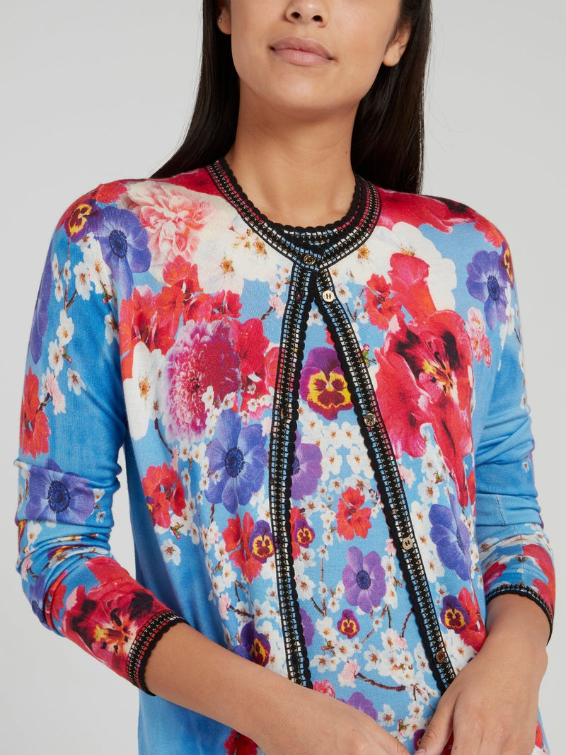 Floral Print Lace Edge Knitted Cardigan