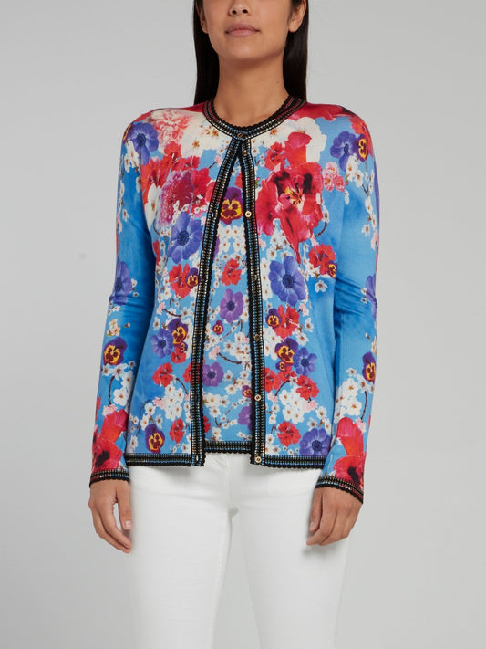 Floral Print Lace Edge Knitted Cardigan