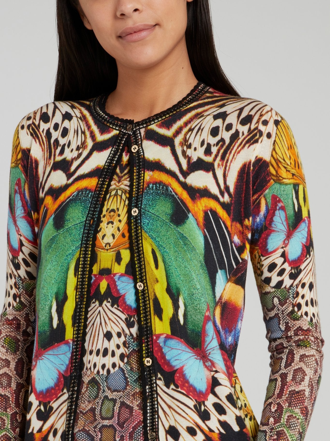 Butterfly Print Lace Edge Knitted Cardigan