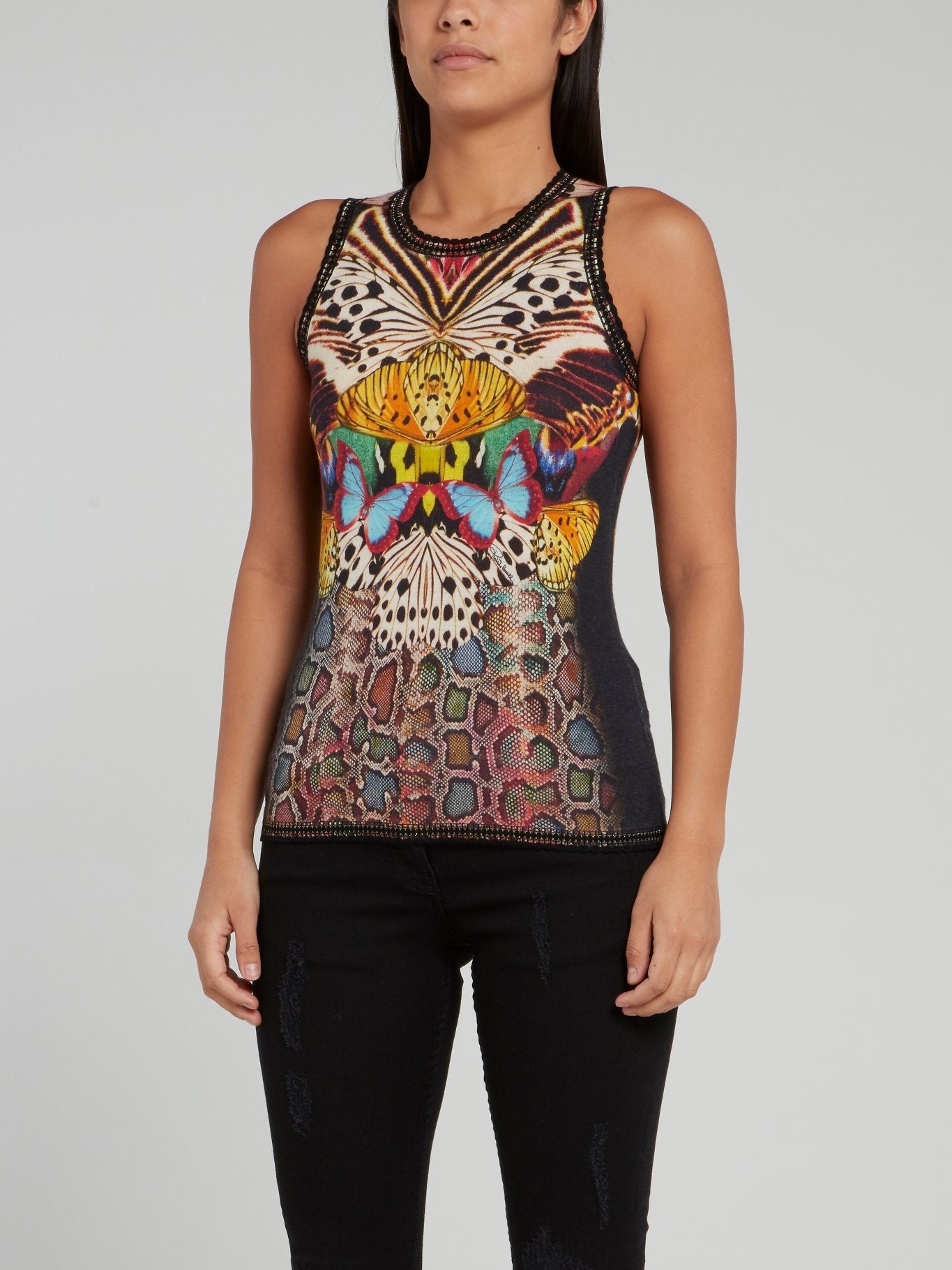Butterfly Print Lace Edge Knitted Tank Top