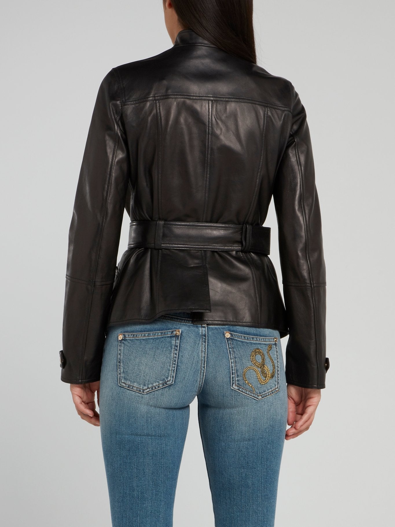 Black Snap Button Belted Leather Jacket