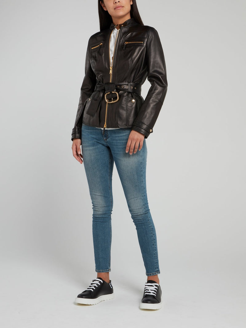 Black Snap Button Belted Leather Jacket