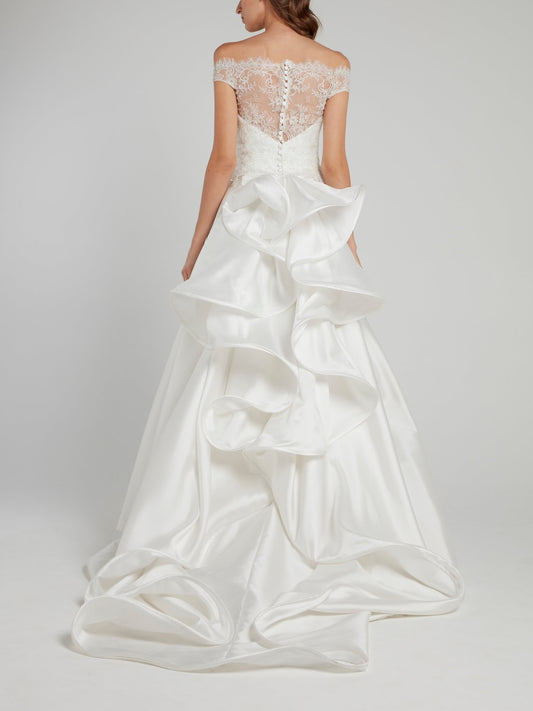White Off-The-Shoulder Ruffle Back Bridal Gown