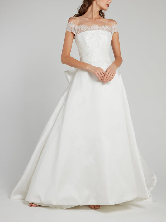 White Off-The-Shoulder Ruffle Back Bridal Gown