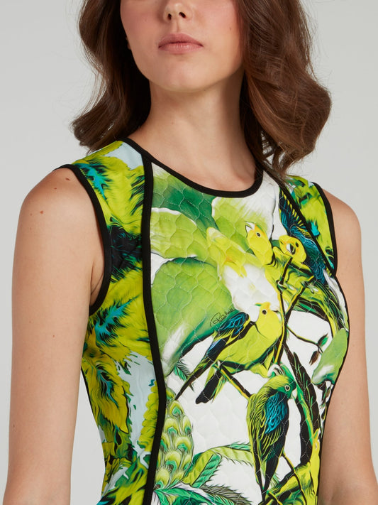 Зеленое платье-мини с принтом "флора и фауна"