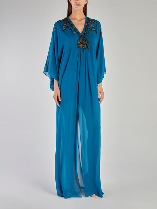 Синее платье-макси с разрезом и вышивкой бисером