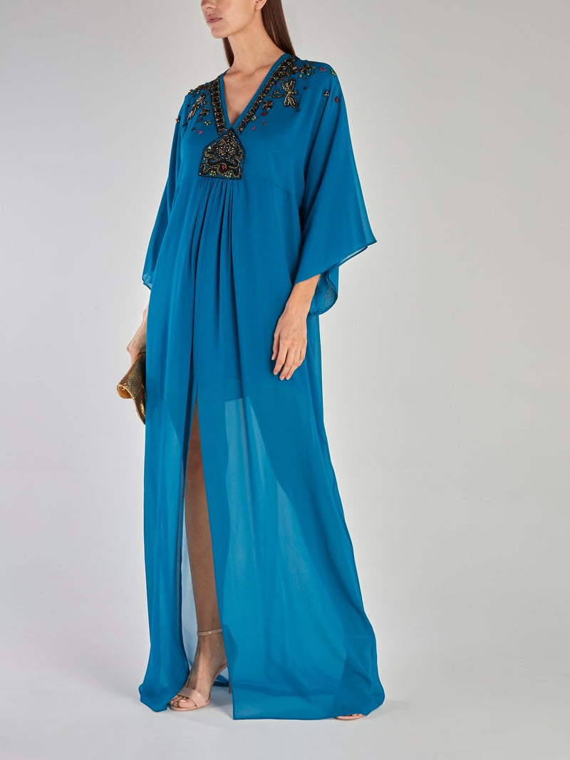 Blue Beadwork Slit Maxi Dress