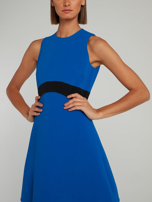 Синее платье-мини А-силуэта с черным поясом