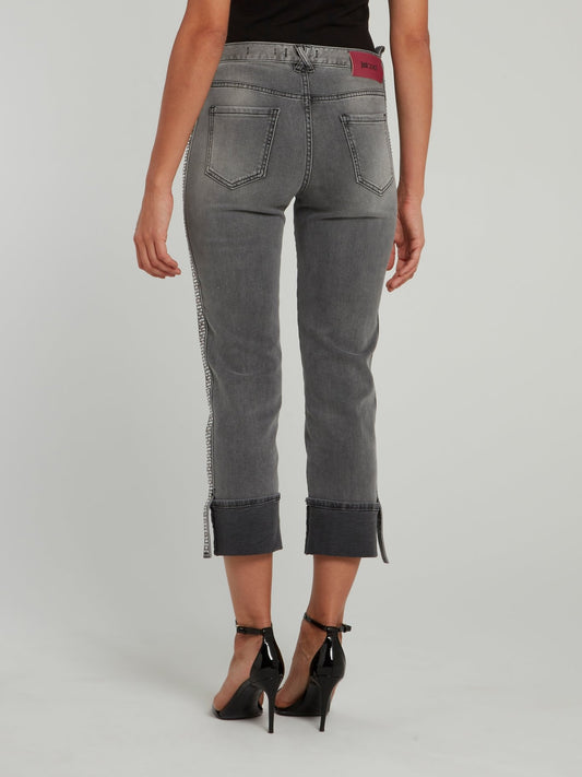 Grey Side Stud Cropped Folded Jeans