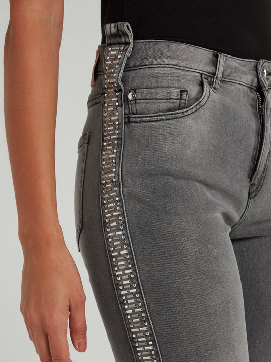 Grey Side Stud Cropped Folded Jeans