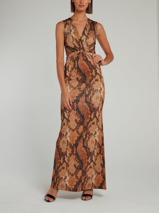 Коричневое платье-макси со змеиным принтом и завышенной талией
