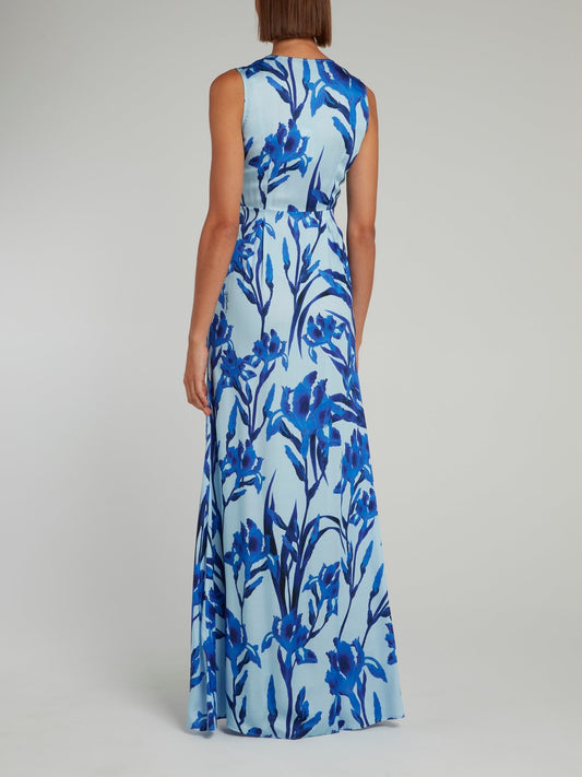 Blue Floral Print Empire Waist Maxi Dress