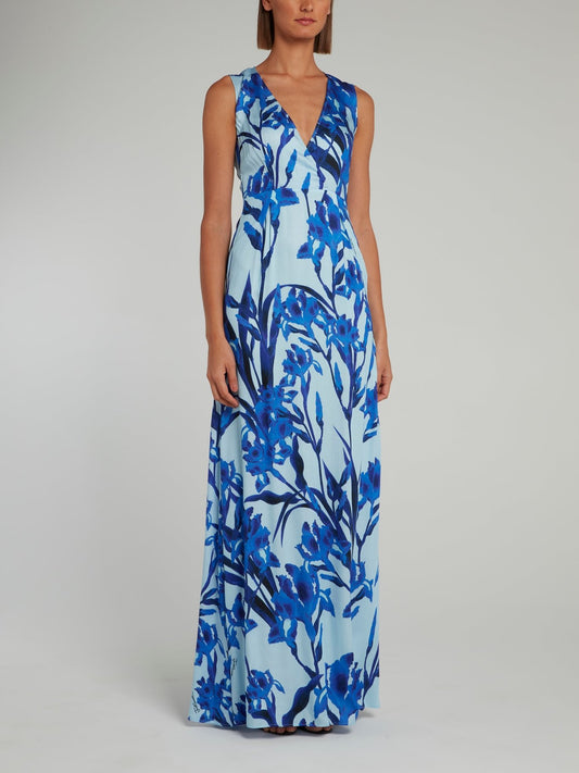 Blue Floral Print Empire Waist Maxi Dress