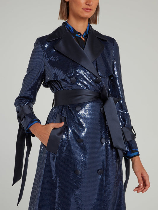 Navy Embellished Tie Cuff Trench Coat