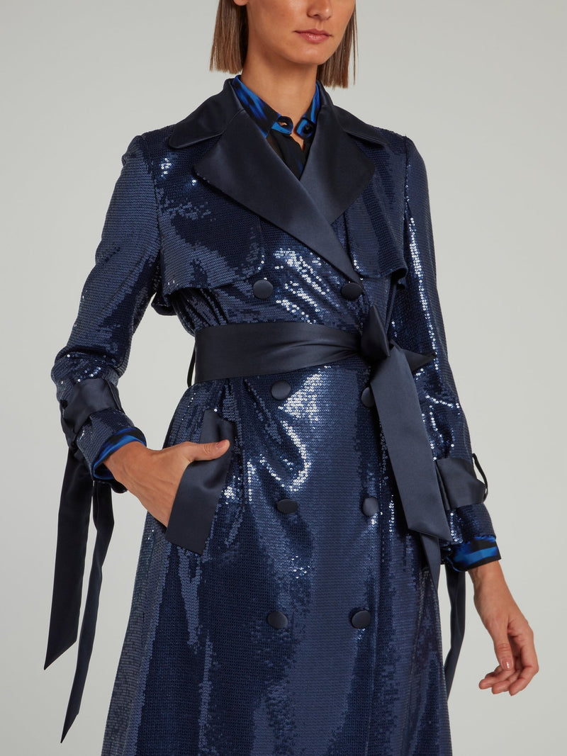 Navy Embellished Tie Cuff Trench Coat