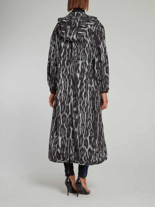 Multi-String Leopard Effect Hooded Trench Coat
