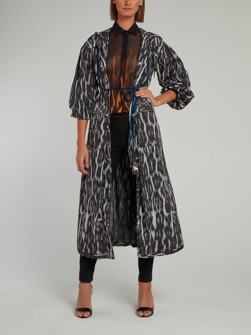 Multi-String Leopard Effect Hooded Trench Coat