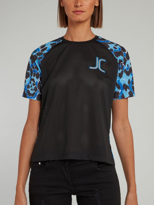 Leopard Sleeve Perforated Raglan Shirt