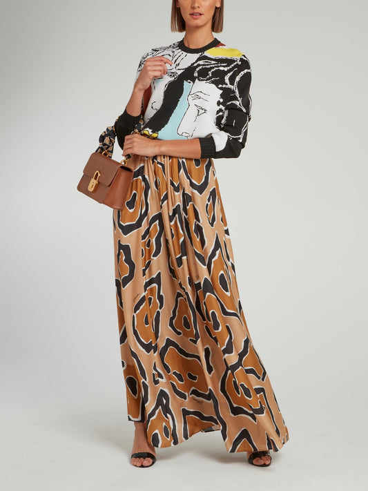 Brown Leopard Effect High Waist Maxi Skirt