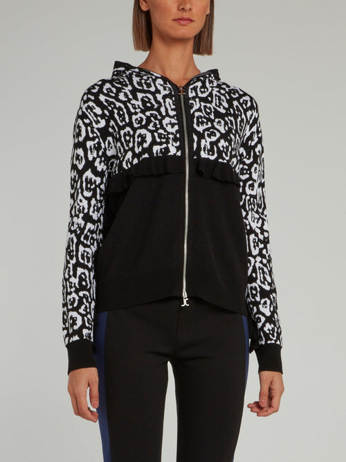 Black and White Mid Frill Leopard Panel Hooded Sweatshirt