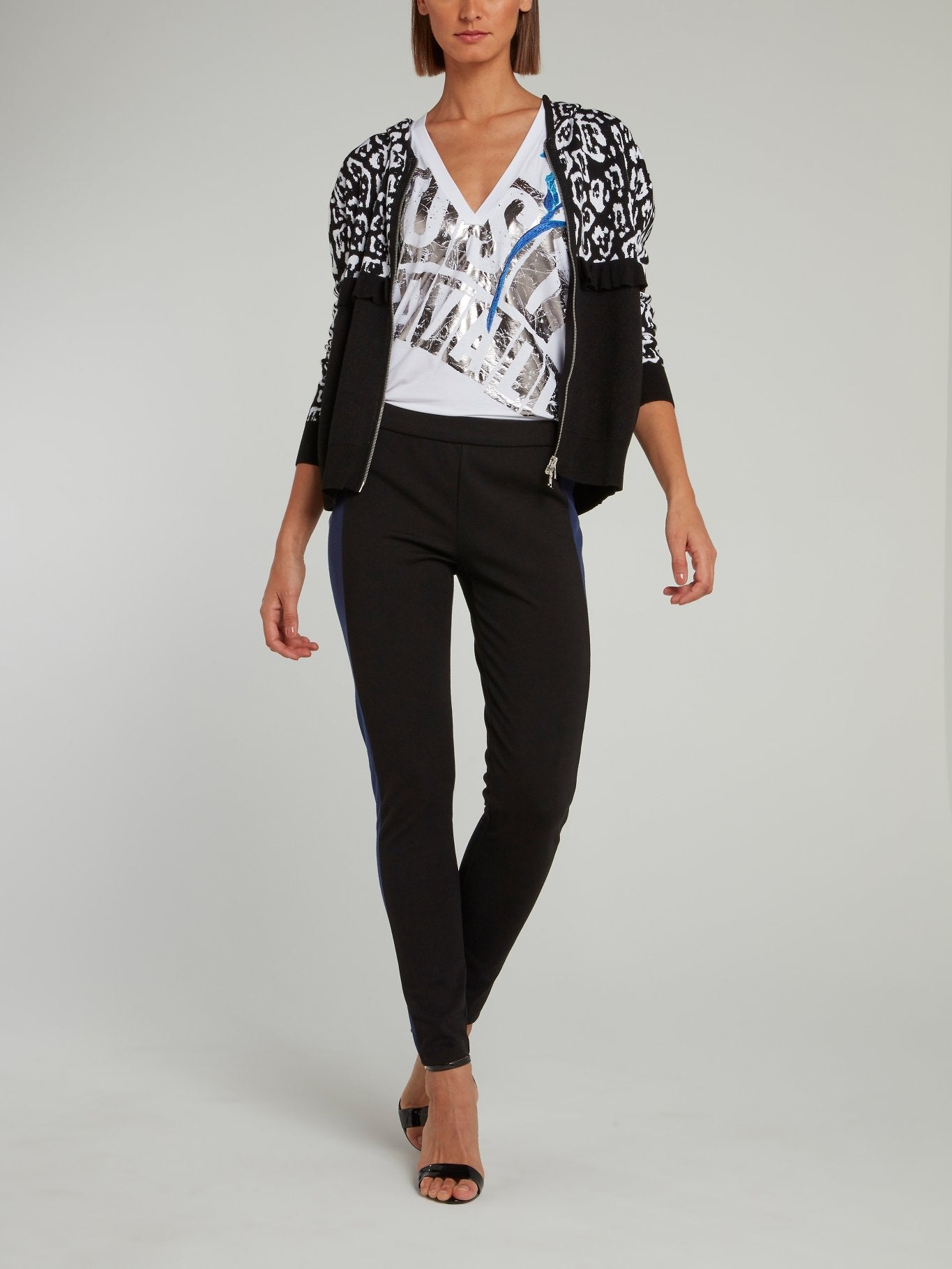Black and White Mid Frill Leopard Panel Hooded Sweatshirt
