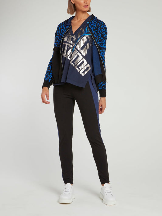 Black and Blue Mid Frill Leopard Panel Hooded Sweatshirt