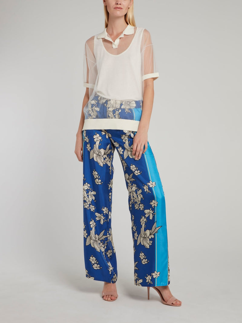 Синие брюки палаццо из шелка с цветочным принтом